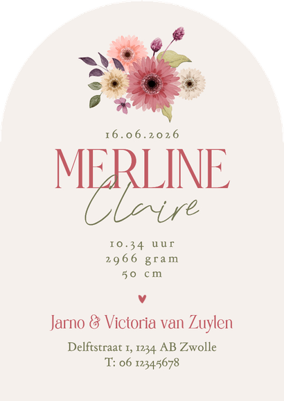 Boogkaart geboortekaartje meisje bloemen stijlvol lente foto Achterkant