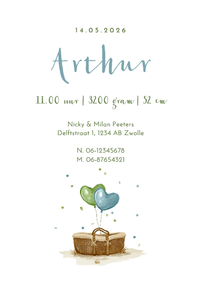 Boogkaart geboortekaartje olifantje mandje confetti jongen Achterkant