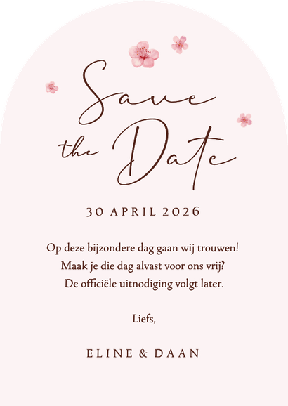 Boogkaart save the date lente bloesem roze romantisch Achterkant