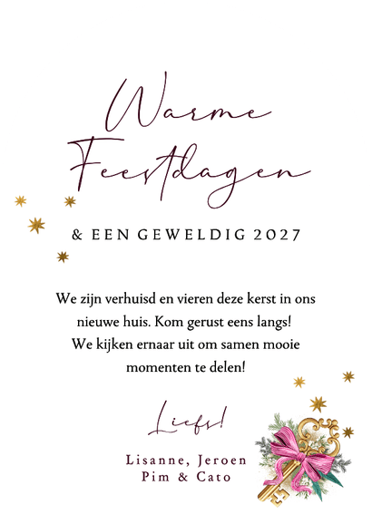 Boogvorm kerst verhuiskaart botanisch sleutel goud strepen Achterkant