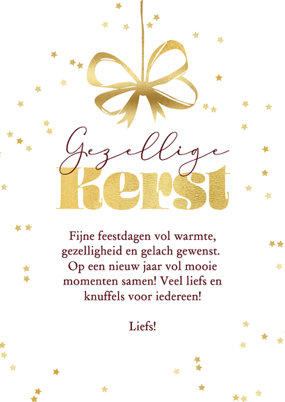 Boogvorm kerstkaart streeppatroon kerstbal strik goud foto Achterkant