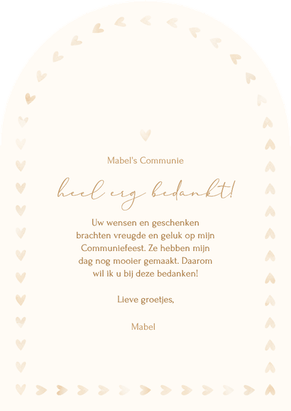 Boogvormig bedankkaartje met foto en kader van hartjes Achterkant