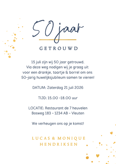 Boogvormige uitnodiging huwelijksjubileum gouden silhouet Achterkant