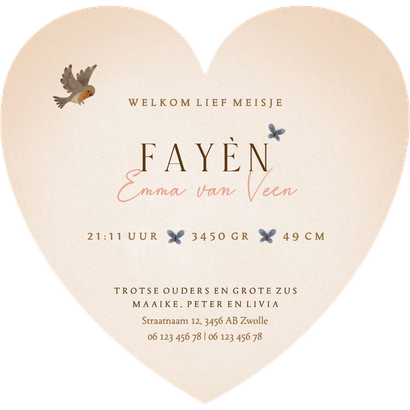 Bos geboortekaartje konijn egel eekhoorn vogel en vlinders Achterkant