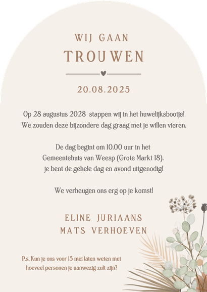Botanische trouwkaart in boogvorm met droogbloemen en foto Achterkant