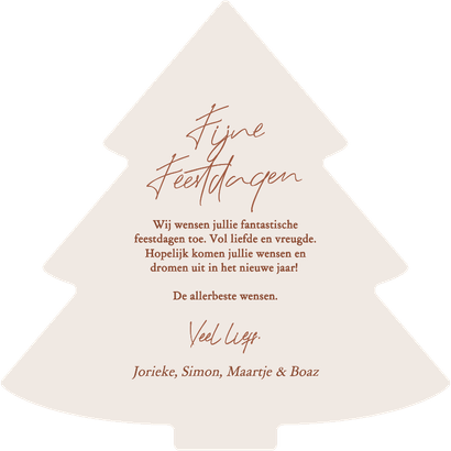 Bruine kerstkaart kerstboom met lampjes en foto Achterkant