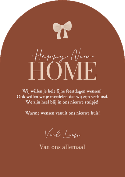 Bruine kerstkaart verhuizing boog met strikje en foto Achterkant