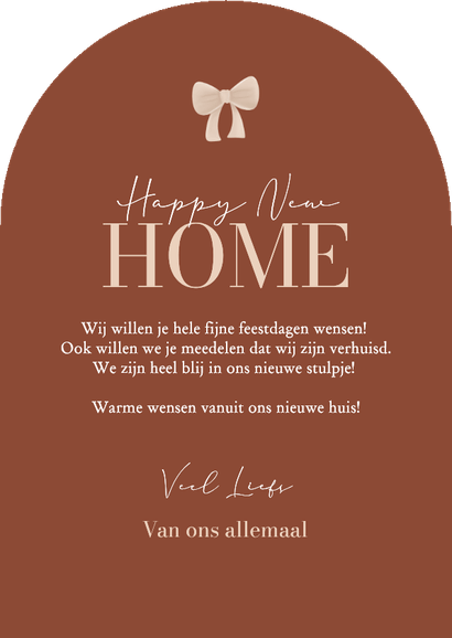 Bruine kerstkaart verhuizing boog met strikje en foto Achterkant