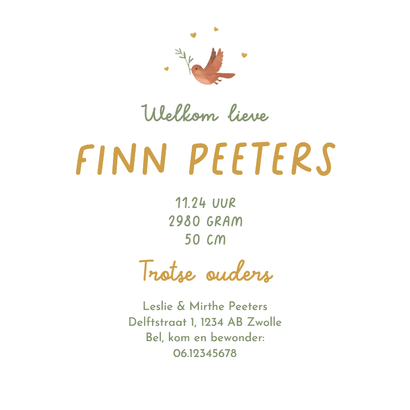 Cirkel geboortekaartje vosje lente bloemen hartjes Achterkant