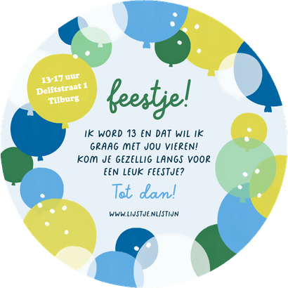 Cirkel uitnodiging kleurrijk ballonnen blauw confetti foto Achterkant