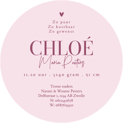 Cirkelkaart geboortekaartje meisje rond potlood effect roze Achterkant