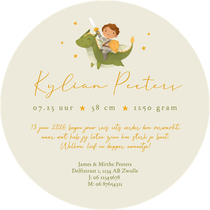 Cirkelkaart geboortekaartje ridder stoer draak sprookje Achterkant