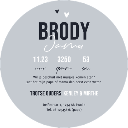 Cirkelvorm geboortekaartje stoer betonlook grijs hartjes Achterkant