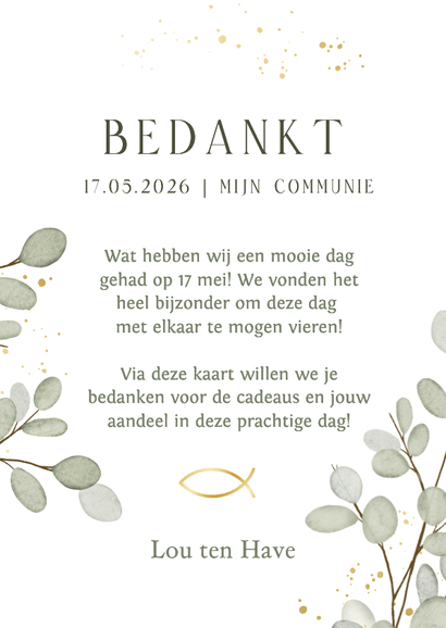 Communie bedankkaart met foto eucalyptus & Ichtus visje Achterkant