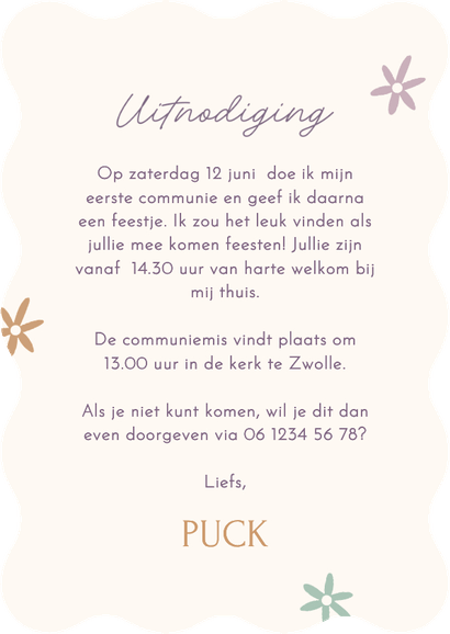 Communie uitnodiging golf vorm met bloemetjes en foto Achterkant