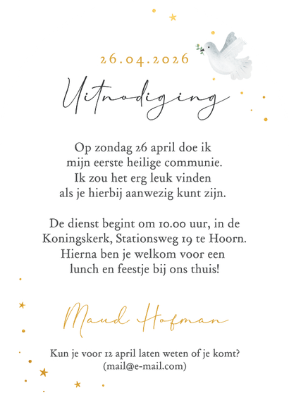 Communie uitnodiging met duifje en sterretjes Achterkant