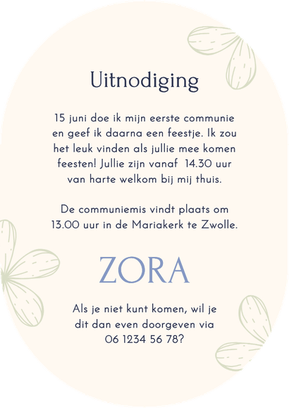 Communie uitnodiging ovaal met bloemetjes en hartjes Achterkant