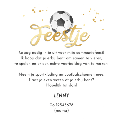 Communie uitnodigingskaart ronde vorm voetbal feestje foto's Achterkant