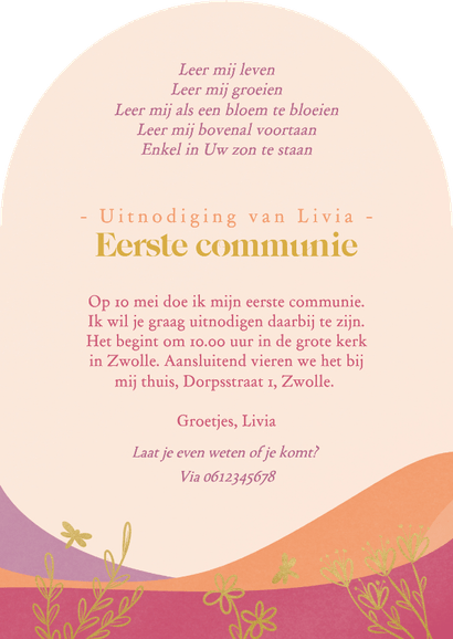 Communiekaart uitnodiging heuvels zonnig trendy kleuren Achterkant