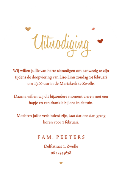 Doopkaart meisje regenboog hartjes goud stijlvol Achterkant