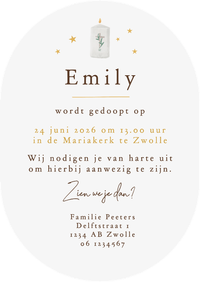 Doopkaart uitnodiging kerkje unisex christelijk sterretjes Achterkant