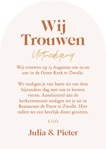 Fotokaart originele vorm oranje boog uitnodiging huwelijk Achterkant