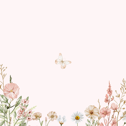 Geboorte meisje met bloemen in pastel met vlindertje Achterkant