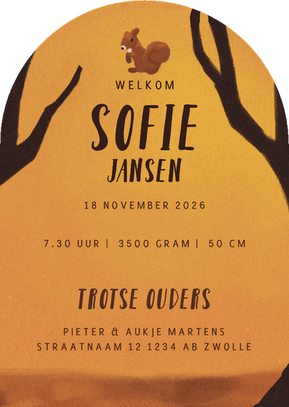 Geboortekaart met schattige herfst dieren Achterkant