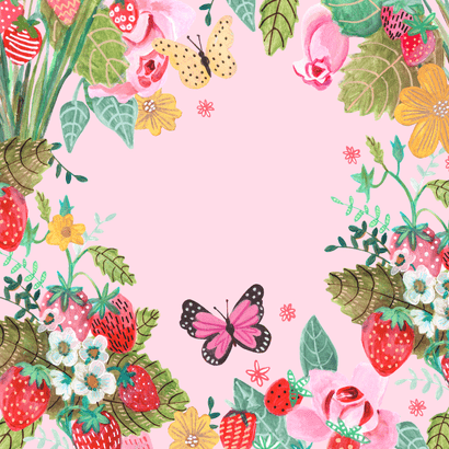 Geboortekaartje aardbeien bloemen vlinder Achterkant