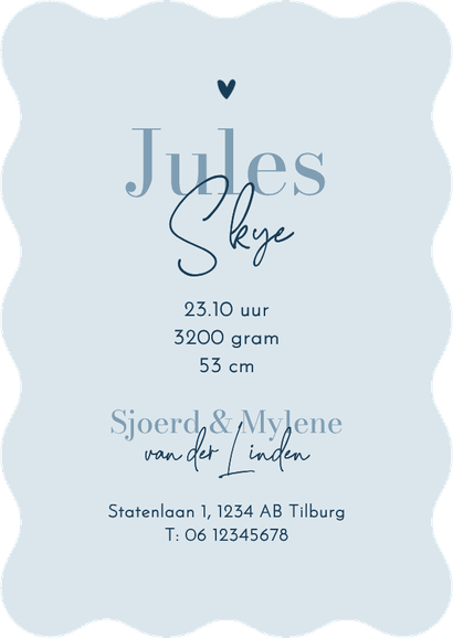 Geboortekaartje blauw wave vorm stijlvol jongen hartje Achterkant