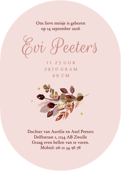 Geboortekaartje bloemen oudroze goud stijlvol ovaal Achterkant