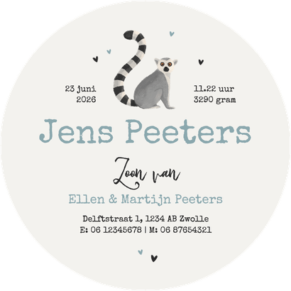 Geboortekaartje dieren maki stoer lief origineel cirkelvorm Achterkant