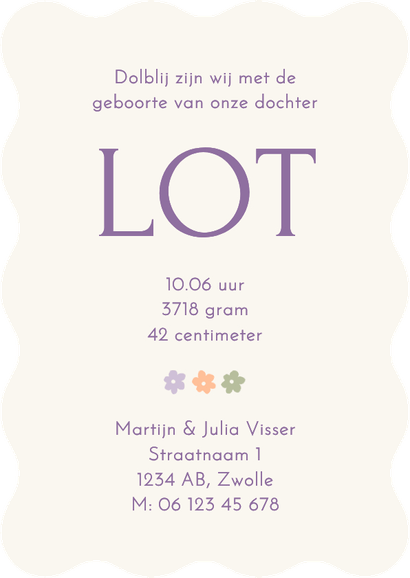 Geboortekaartje golf met gekleurde bloemetjeskader Achterkant