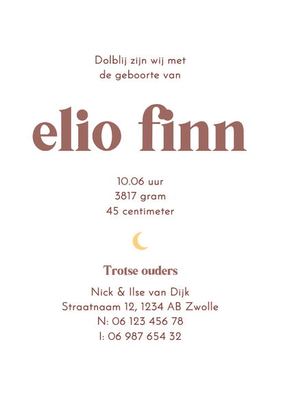 Geboortekaartje golvend roestbruin met maan Achterkant