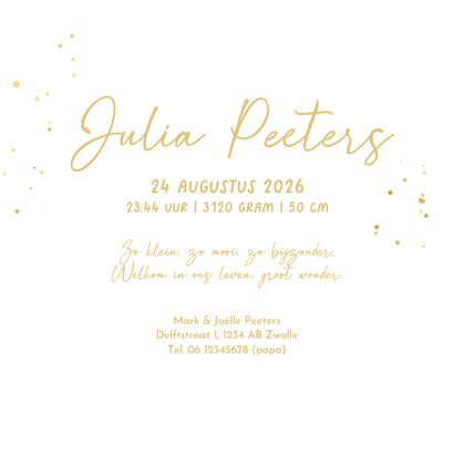 Geboortekaartje hartkaart beige goud spetters lief Achterkant