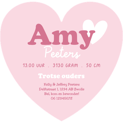 Geboortekaartje hartkaart stoer retro hartje liefde roze Achterkant