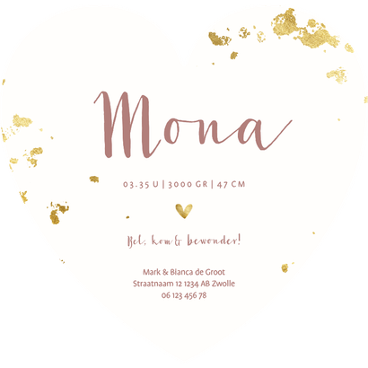 Geboortekaartje hartvorm oud roze waterverf gouden spetters Achterkant