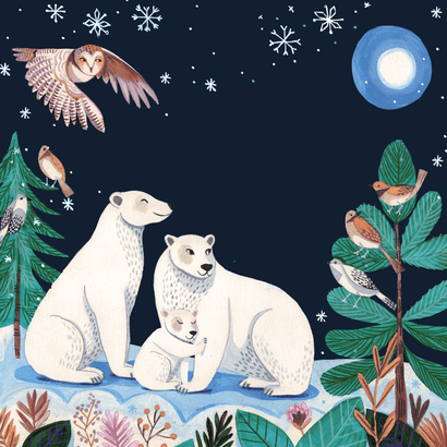 Geboortekaartje ijsberen familie maan en sneeuw Achterkant