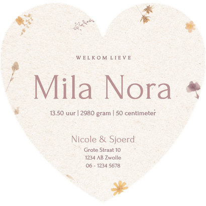 Geboortekaartje in de vorm van hartje met droog bloemetjes Achterkant
