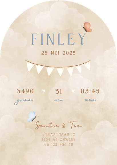 Geboortekaartje jongen beertje luchtballon vlinders & wolken Achterkant