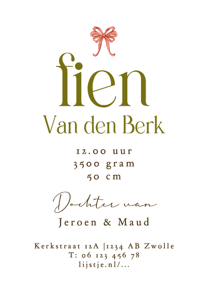 Geboortekaartje kleurrijke strikjes watercolor hart Achterkant