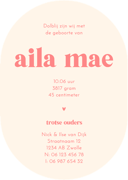 Geboortekaartje koraal met zon in ovalen vorm Achterkant