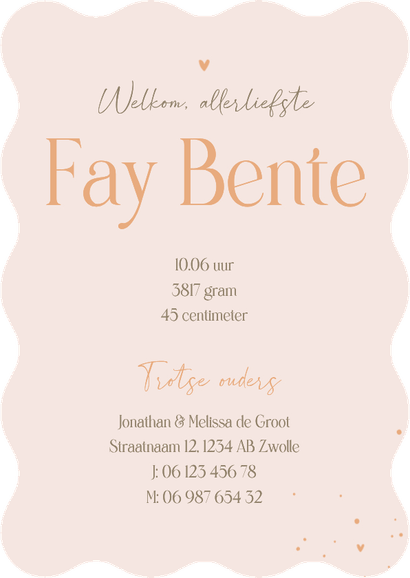 Geboortekaartje meisje gipskruid golfrand gerbera zalmroze Achterkant