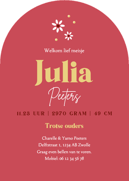 Geboortekaartje meisje lente bloemetjes goud lief patroon Achterkant