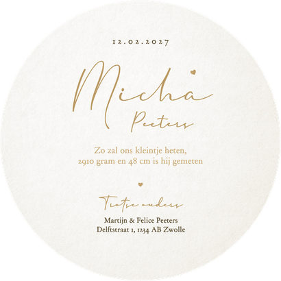 Geboortekaartje met tekening van baby goud hartjes lief Achterkant