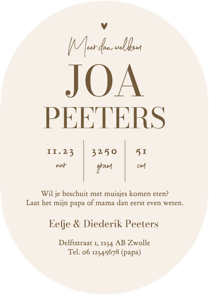 Geboortekaartje ovaal beige betonlook stijlvol unisex Achterkant