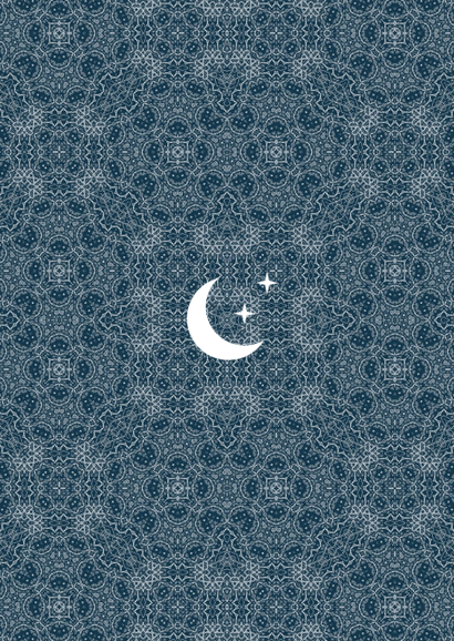 Geboortekaartje patroon en kader met maan donkerblauw Achterkant