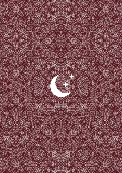 Geboortekaartje patroon op donkerrood kader en maan  Achterkant