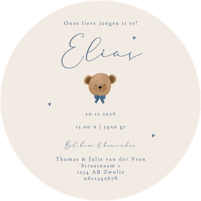 Geboortekaartje rond teddybeer met blauwe strik Achterkant