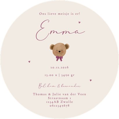 Geboortekaartje rond teddybeer met paarse strik Achterkant